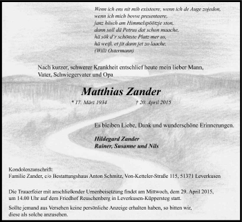 Anzeige von Matthias Zander von Kölner Stadt-Anzeiger / Kölnische Rundschau / Express