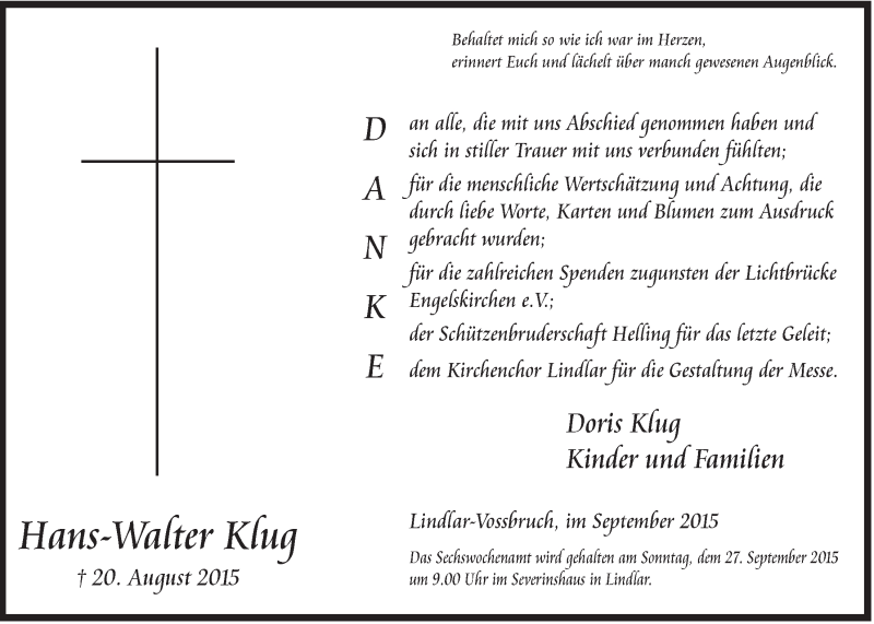  Traueranzeige für Hans-Walter Klug vom 23.09.2015 aus  Anzeigen Echo 