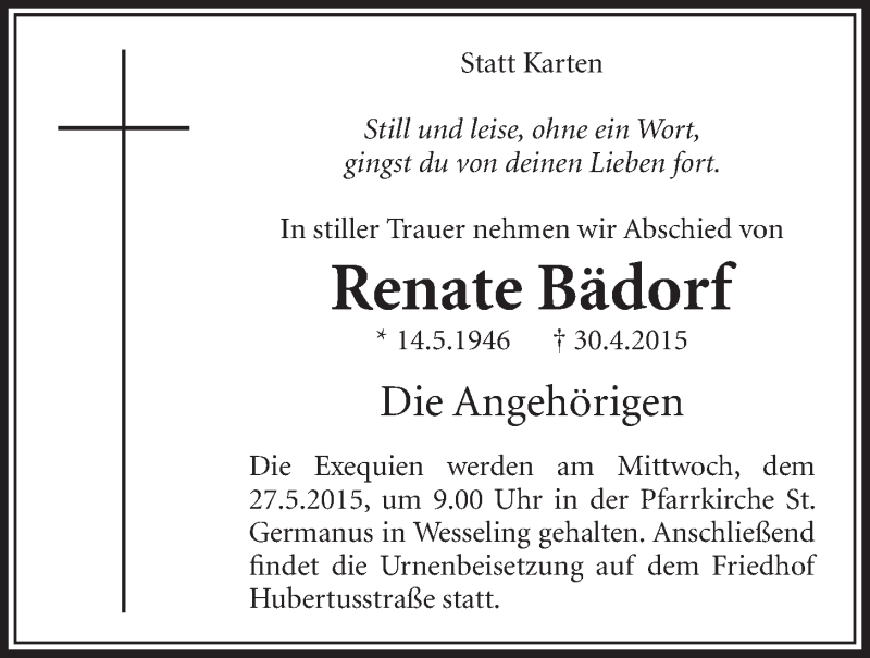  Traueranzeige für Renate Bädorf vom 20.05.2015 aus  Schlossbote/Werbekurier 
