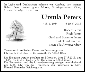 Anzeige von Ursula Peters von Kölner Stadt-Anzeiger / Kölnische Rundschau / Express