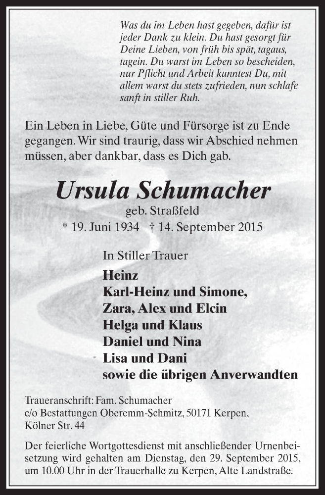  Traueranzeige für Ursula Schumacher vom 23.09.2015 aus  Werbepost 