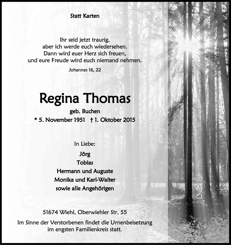  Traueranzeige für Regina Thomas vom 10.10.2015 aus Kölner Stadt-Anzeiger / Kölnische Rundschau / Express