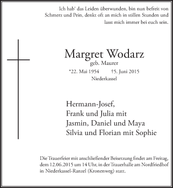 Anzeige von Margret Wodarz von  Extra Blatt 