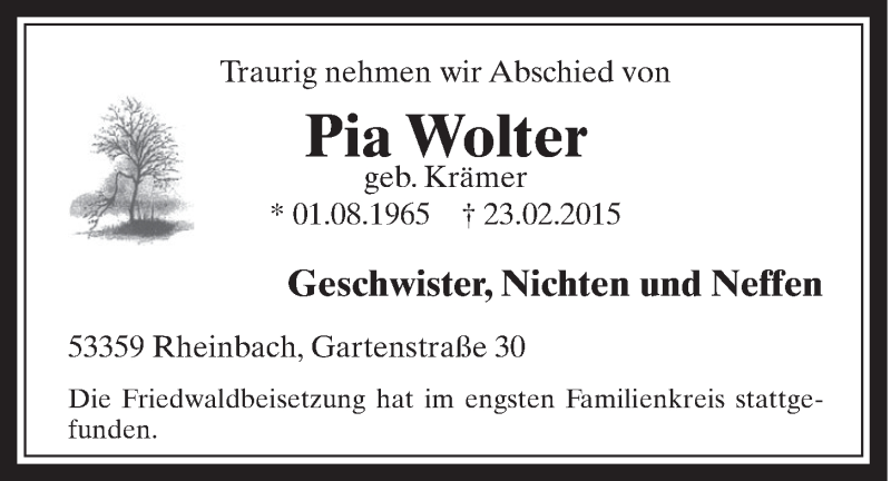  Traueranzeige für Pia Wolter vom 01.04.2015 aus  Schaufenster/Blickpunkt 