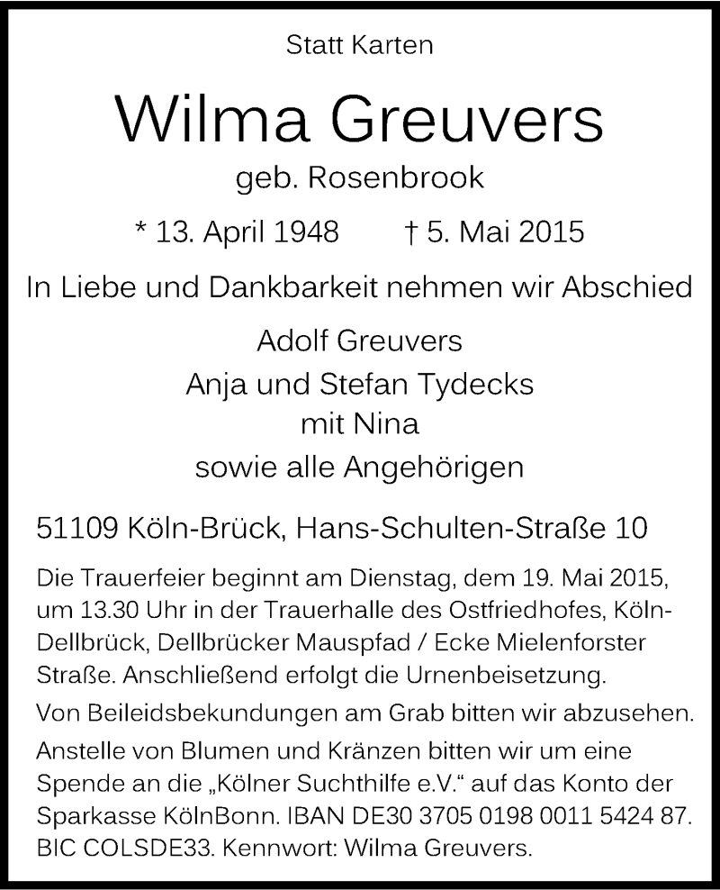  Traueranzeige für Wilma Greuvers vom 09.05.2015 aus Kölner Stadt-Anzeiger / Kölnische Rundschau / Express