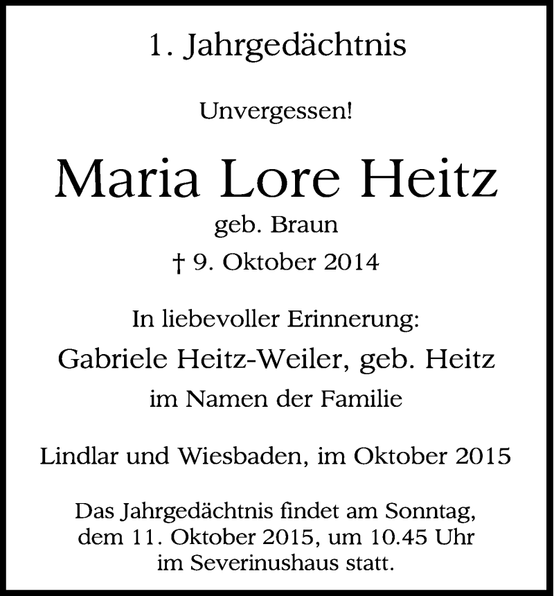  Traueranzeige für Maria Lore Heitz vom 10.10.2015 aus Kölner Stadt-Anzeiger / Kölnische Rundschau / Express