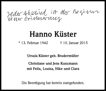 Anzeige von Hanno Küster von Kölner Stadt-Anzeiger / Kölnische Rundschau / Express