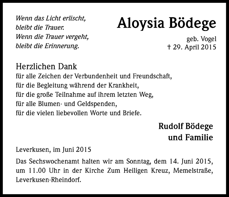  Traueranzeige für Aloysia Bödege vom 06.06.2015 aus Kölner Stadt-Anzeiger / Kölnische Rundschau / Express