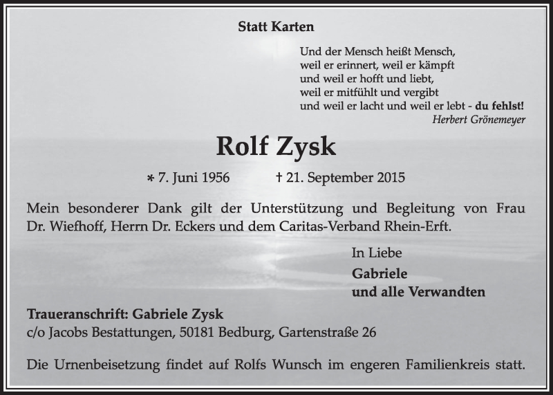  Traueranzeige für Rolf Zysk vom 26.09.2015 aus  Sonntags-Post 