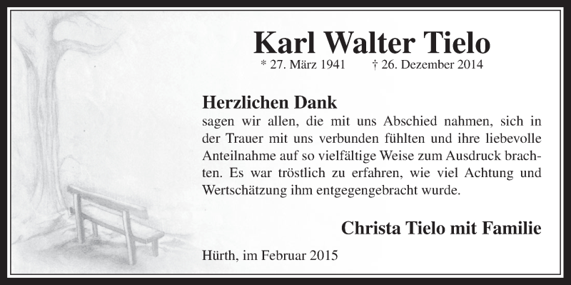  Traueranzeige für Karl Walter Tielo vom 04.02.2015 aus  Wochenende 