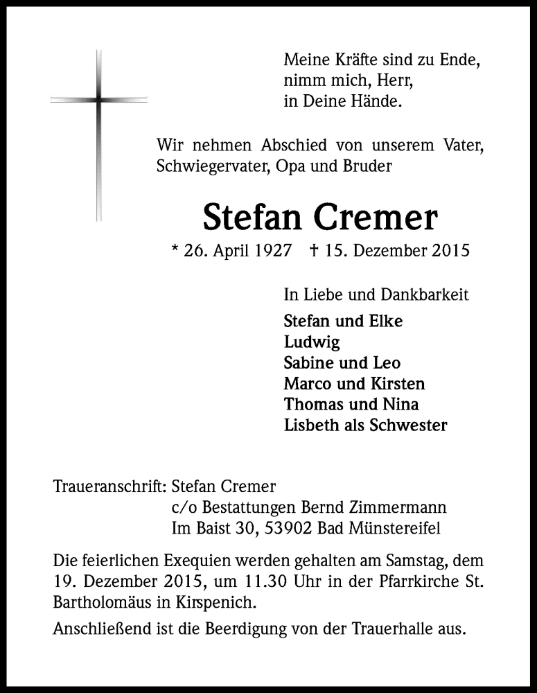  Traueranzeige für Stefan Cremer vom 18.12.2015 aus Kölner Stadt-Anzeiger / Kölnische Rundschau / Express