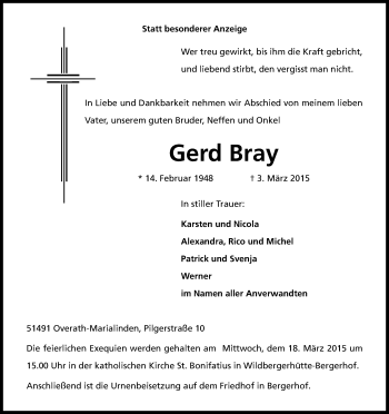 Anzeige von Gerd Bray von Kölner Stadt-Anzeiger / Kölnische Rundschau / Express