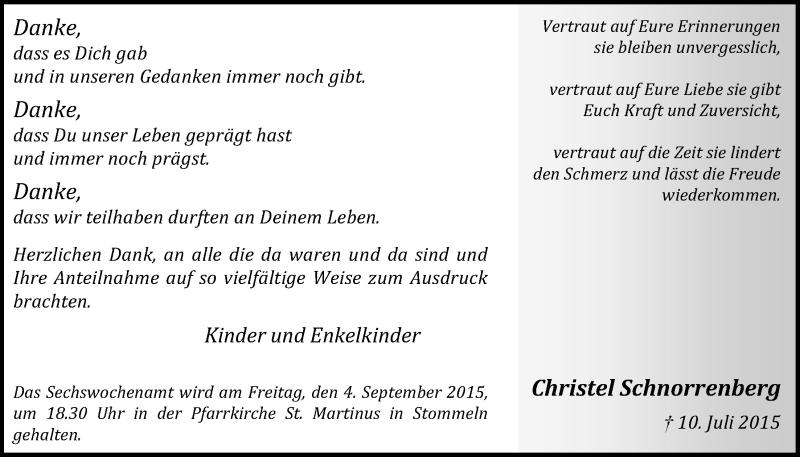  Traueranzeige für Christel Schnorrenberg vom 26.08.2015 aus  Wochenende 
