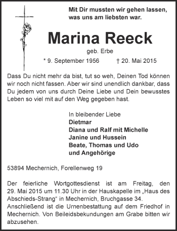 Anzeige von Marina Reeck von  Blickpunkt Euskirchen 