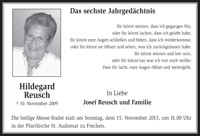  Traueranzeige für Hildegard Reusch vom 11.11.2015 aus  Wochenende 