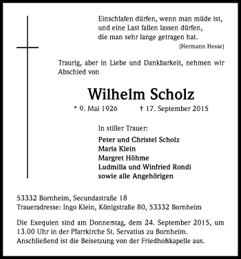 Anzeige von Wilhelm Scholz von Kölner Stadt-Anzeiger / Kölnische Rundschau / Express
