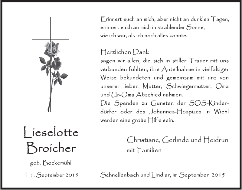  Traueranzeige für Lieselotte Broicher vom 30.09.2015 aus  Anzeigen Echo 