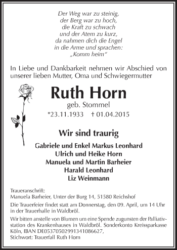 Anzeige von Ruth Horn von  Lokalanzeiger 