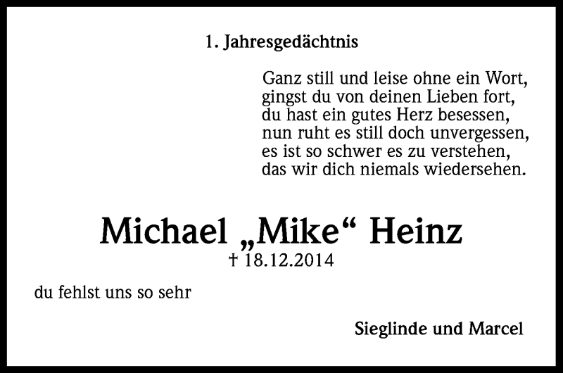  Traueranzeige für Michael Heinz vom 18.12.2015 aus Kölner Stadt-Anzeiger / Kölnische Rundschau / Express