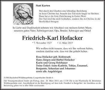 Anzeige von Friedrich-Karl Hofacker von  Lokalanzeiger 