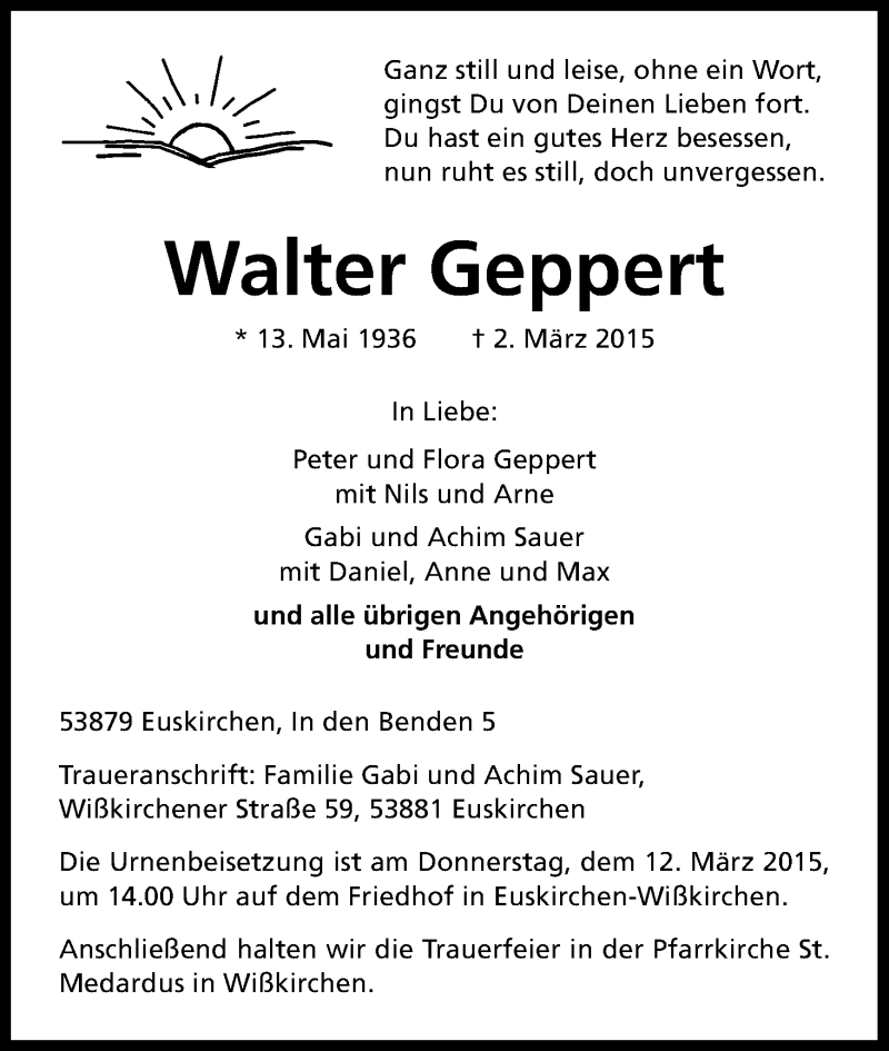  Traueranzeige für Walter Geppert vom 07.03.2015 aus Kölner Stadt-Anzeiger / Kölnische Rundschau / Express