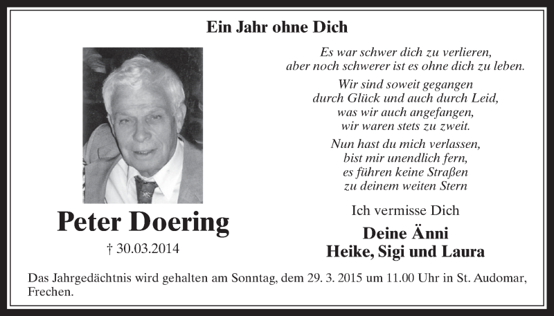  Traueranzeige für Peter Doering vom 25.03.2015 aus  Wochenende 