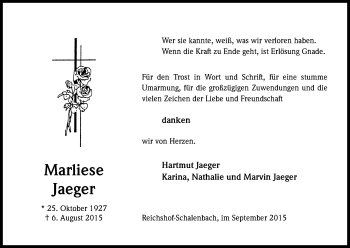 Anzeige von Marliese Jaeger von Kölner Stadt-Anzeiger / Kölnische Rundschau / Express