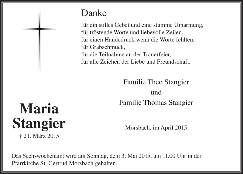  Traueranzeige für Maria Stangier vom 29.04.2015 aus  Lokalanzeiger 