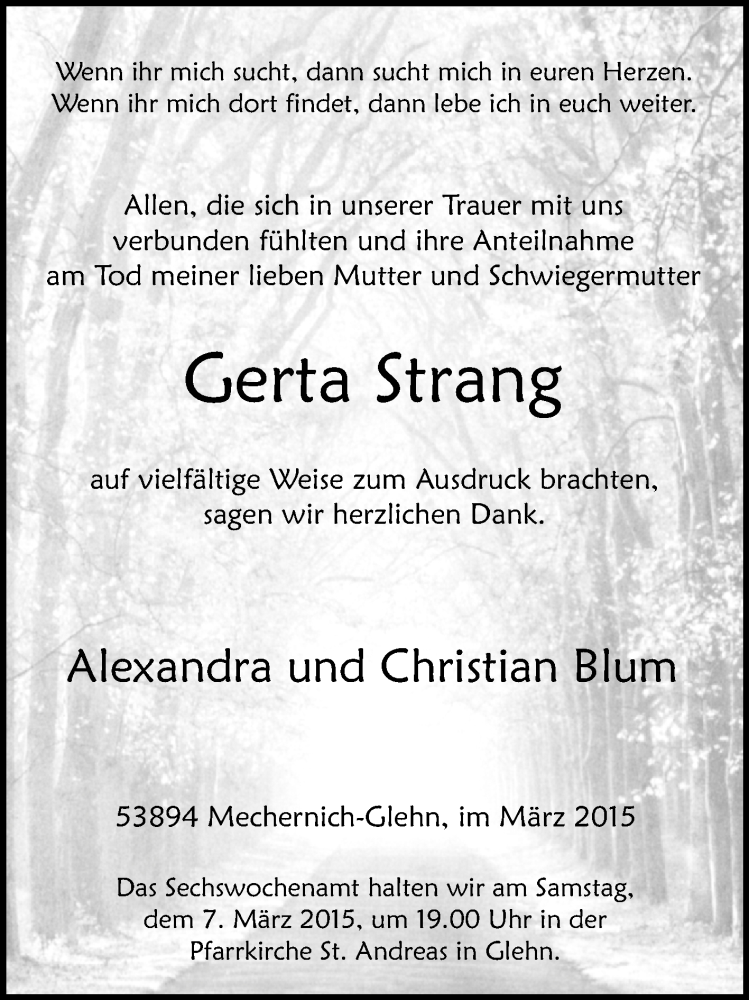  Traueranzeige für Gerta Strang vom 01.03.2015 aus  Blickpunkt Euskirchen 