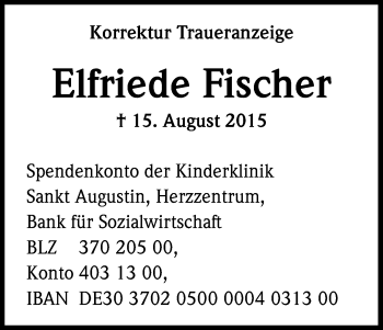 Anzeige von Elfriede Fischer von Kölner Stadt-Anzeiger / Kölnische Rundschau / Express