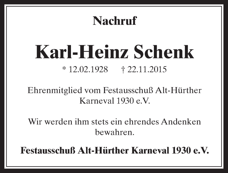  Traueranzeige für Karl-Heinz Schenk vom 02.12.2015 aus  Wochenende 
