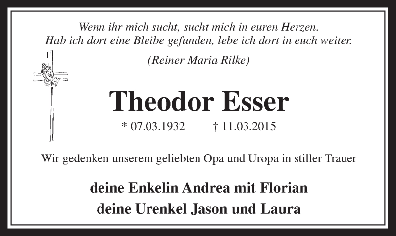  Traueranzeige für Theodor Esser vom 25.03.2015 aus  Werbepost 