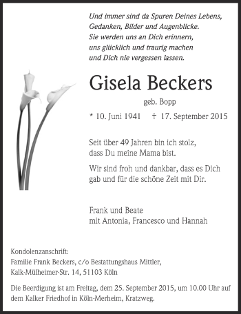 Anzeige von Gisela Beckers von  Kölner Wochenspiegel 