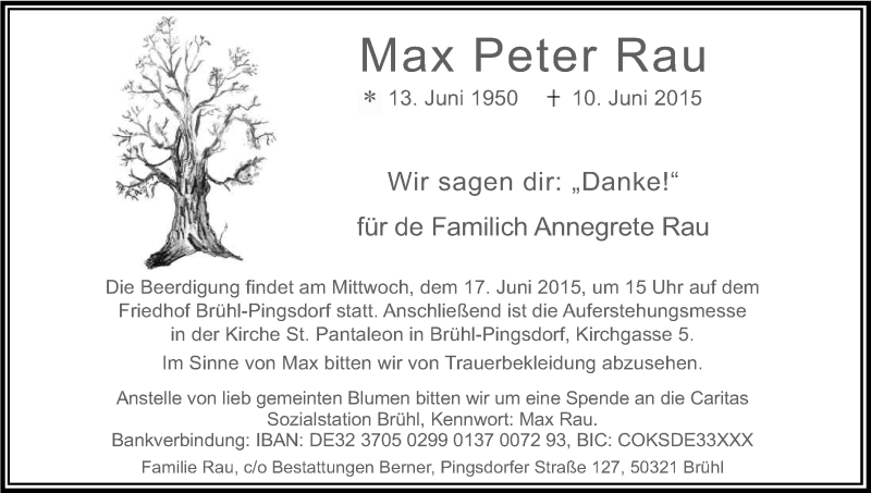  Traueranzeige für Max Peter Rau vom 13.06.2015 aus Kölner Stadt-Anzeiger / Kölnische Rundschau / Express