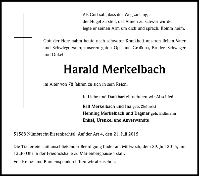  Traueranzeige für Harald Merkelbach vom 25.07.2015 aus Kölner Stadt-Anzeiger / Kölnische Rundschau / Express