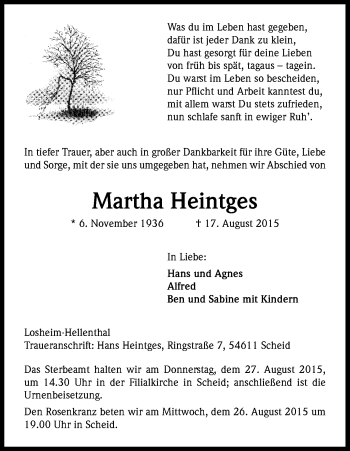 Anzeige von Martha Heintges von Kölner Stadt-Anzeiger / Kölnische Rundschau / Express