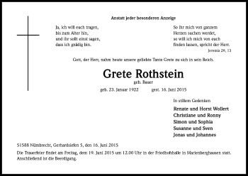 Anzeige von Grete Rothstein von Kölner Stadt-Anzeiger / Kölnische Rundschau / Express