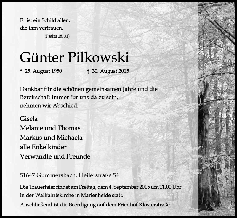  Traueranzeige für Günter Pilkowski vom 03.09.2015 aus Kölner Stadt-Anzeiger / Kölnische Rundschau / Express