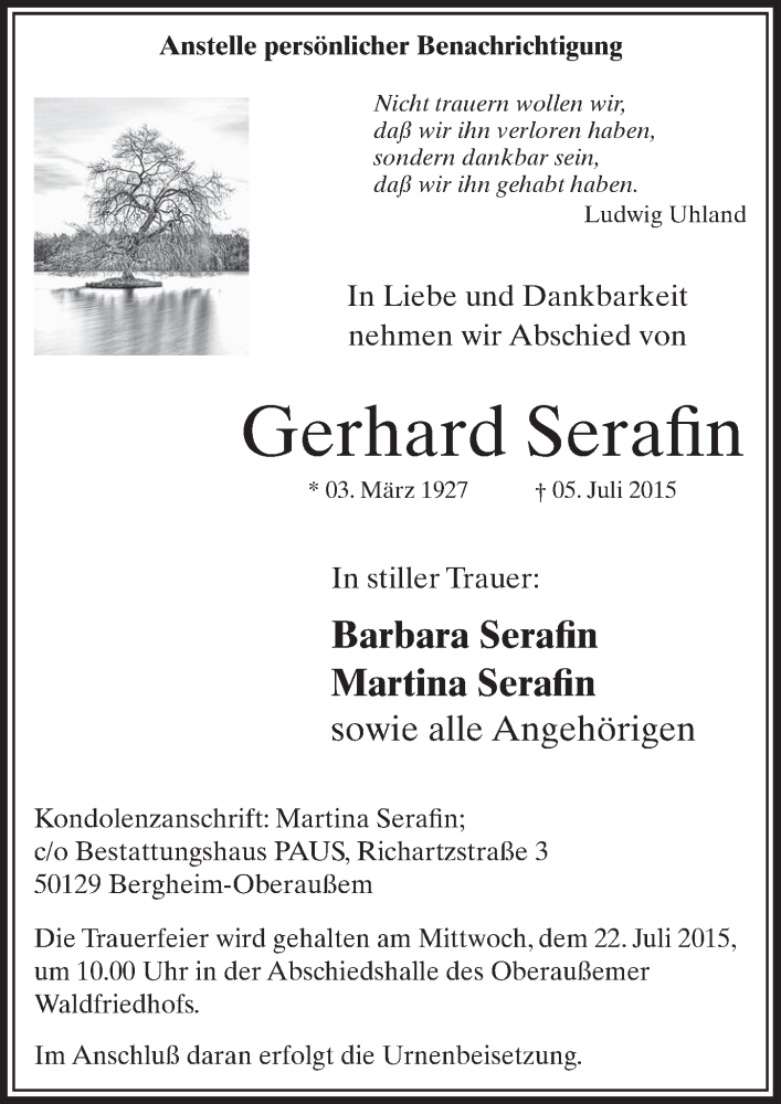  Traueranzeige für Gerhard Serafin vom 18.07.2015 aus  Sonntags-Post 