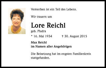 Anzeige von Lore Reichl von Kölner Stadt-Anzeiger / Kölnische Rundschau / Express
