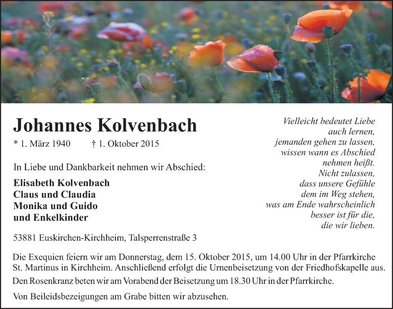 Traueranzeige für Johannes Kolvenbach vom 11.10.2015 aus  Blickpunkt Euskirchen 