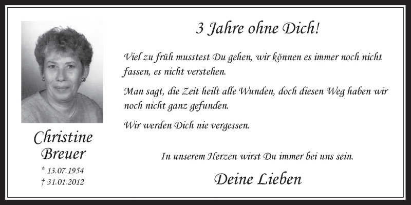  Traueranzeige für Christine Breuer vom 28.01.2015 aus  Wochenende 