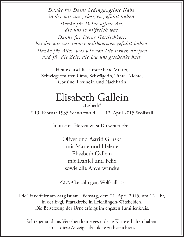  Traueranzeige für Elisabeth Gallein vom 18.04.2015 aus  Leverkusener Wochenende 