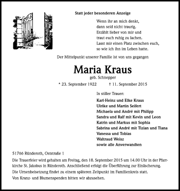 Anzeige von Maria Kraus von Kölner Stadt-Anzeiger / Kölnische Rundschau / Express