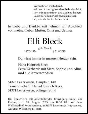 Anzeige von Elli Bleck von Kölner Stadt-Anzeiger / Kölnische Rundschau / Express