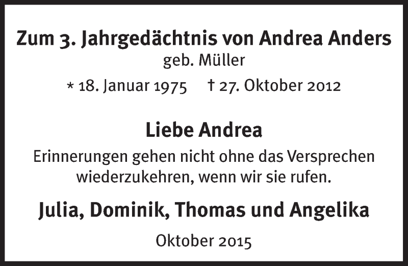  Traueranzeige für Andrea Anders vom 21.10.2015 aus  Extra Blatt 