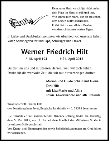 Anzeige von Werner Friedrich Hilt von Kölner Stadt-Anzeiger / Kölnische Rundschau / Express
