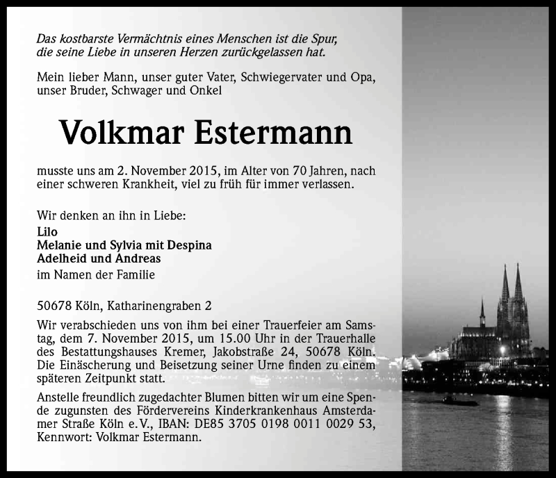  Traueranzeige für Volkmar Estermann vom 04.11.2015 aus Kölner Stadt-Anzeiger / Kölnische Rundschau / Express