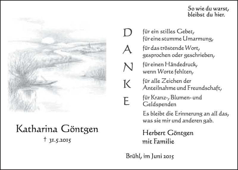  Traueranzeige für Katharina Göntgen vom 24.06.2015 aus  Schlossbote/Werbekurier 