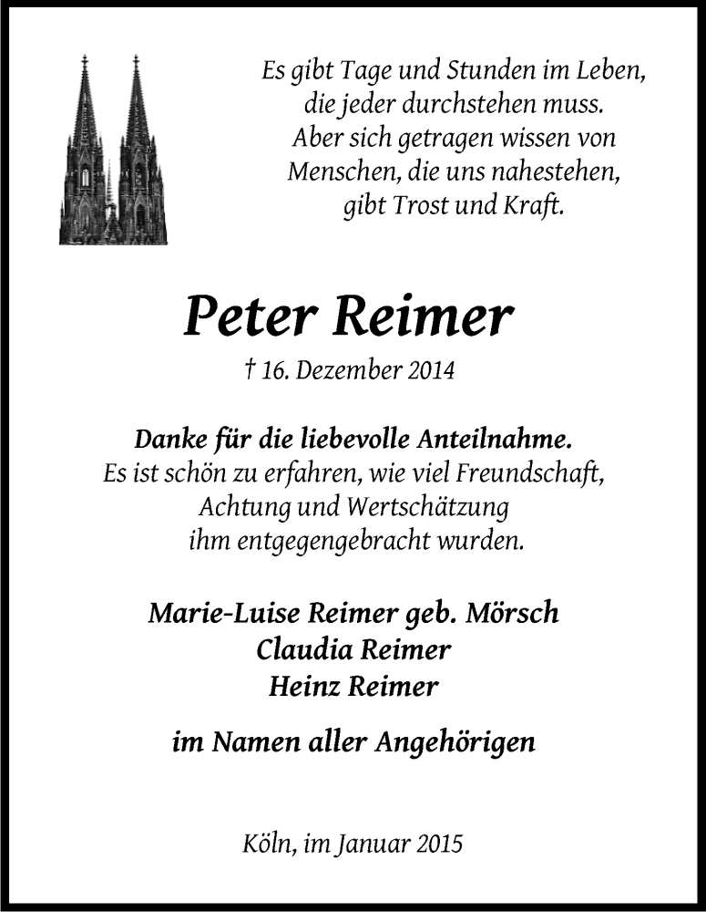  Traueranzeige für Peter Reimer vom 17.01.2015 aus Kölner Stadt-Anzeiger / Kölnische Rundschau / Express